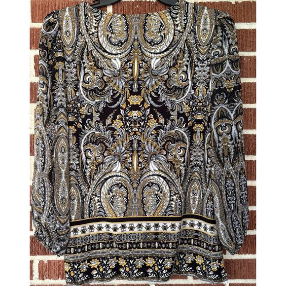 JM Collection Black Floral Stretchy Blouse Long Sheer Sleeves Size Medium - Picture 2 of 4